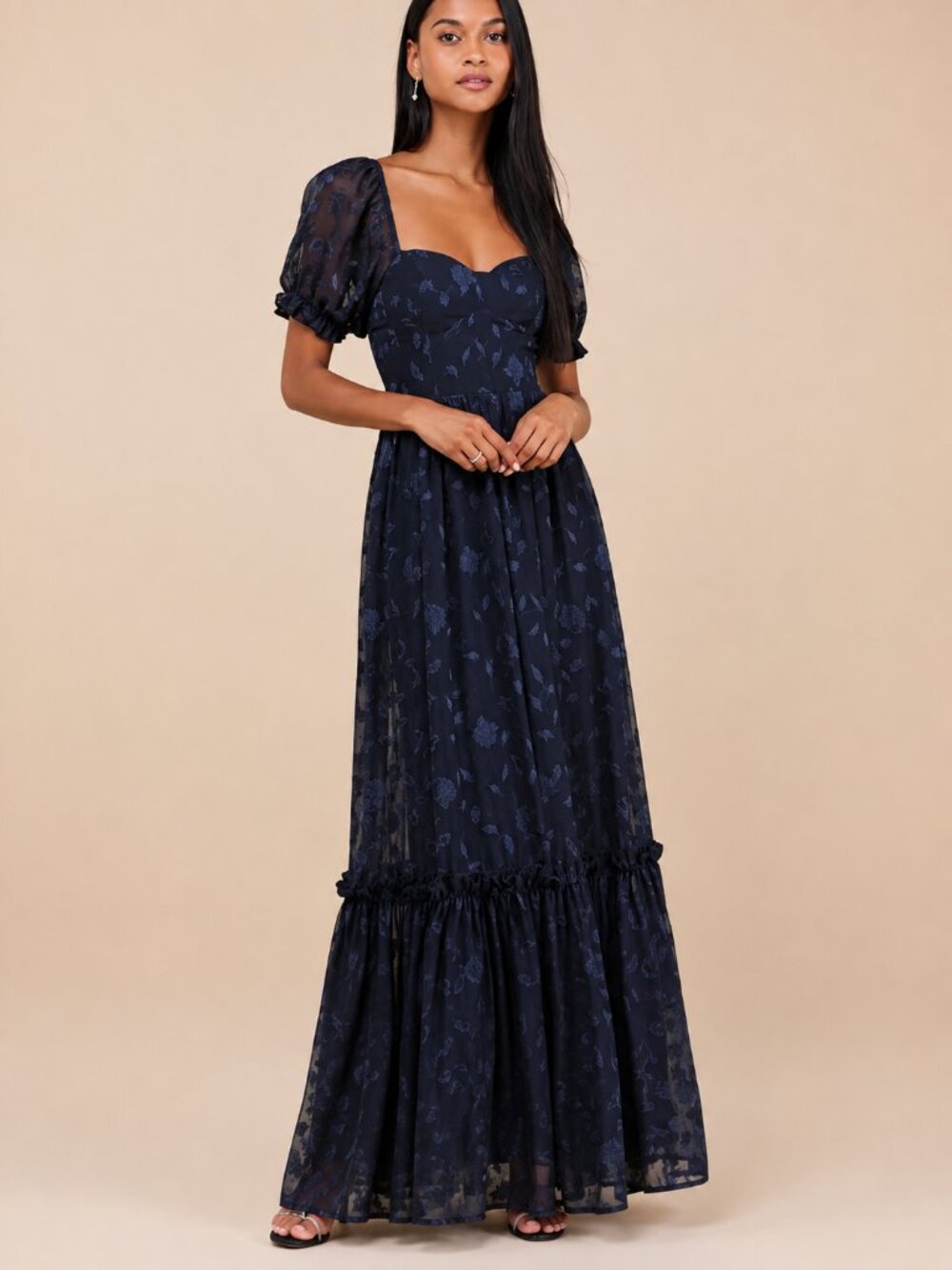Lulus Phenomenal Sweetness Navy Floral Bustier Maxi Dress Puff Sleeve L